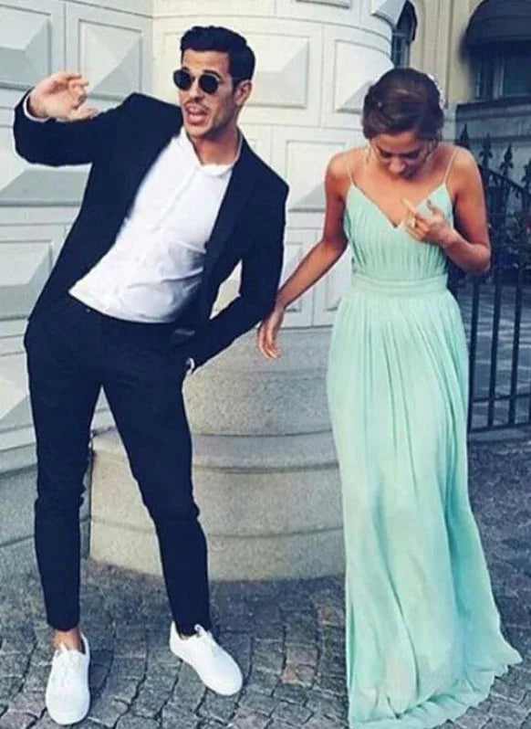 Ethereal A-line Spaghetti Straps Pleated Chiffon Mint Floor Length Prom Dress Custom