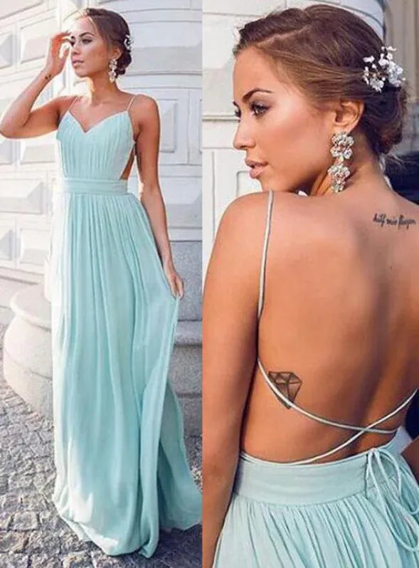 Ethereal A-line Spaghetti Straps Pleated Chiffon Mint Floor Length Prom Dress Custom