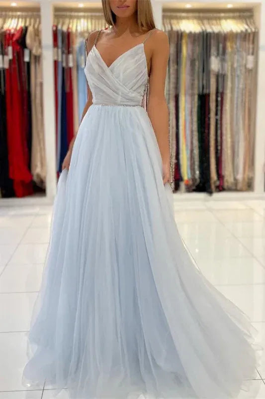 Ethereal A Line V Neck Beaded Back Sky Blue Floor Length Prom Dress For Women For Sale