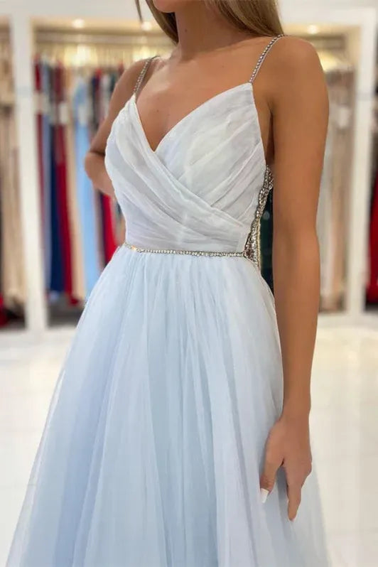 Ethereal A Line V Neck Beaded Back Sky Blue Floor Length Prom Dress For Women For Sale
