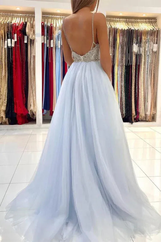 Ethereal A Line V Neck Beaded Back Sky Blue Floor Length Prom Dress For Women For Sale