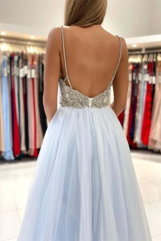 Ethereal A Line V Neck Beaded Back Sky Blue Floor Length Prom Dress For Women For Sale