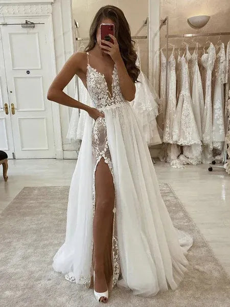 Ethereal A Line V Neck Floral Lace White Maxi Prom Dress With Slit