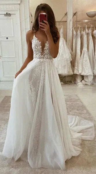 Ethereal A Line V Neck Floral Lace White Maxi Prom Dress With Slit