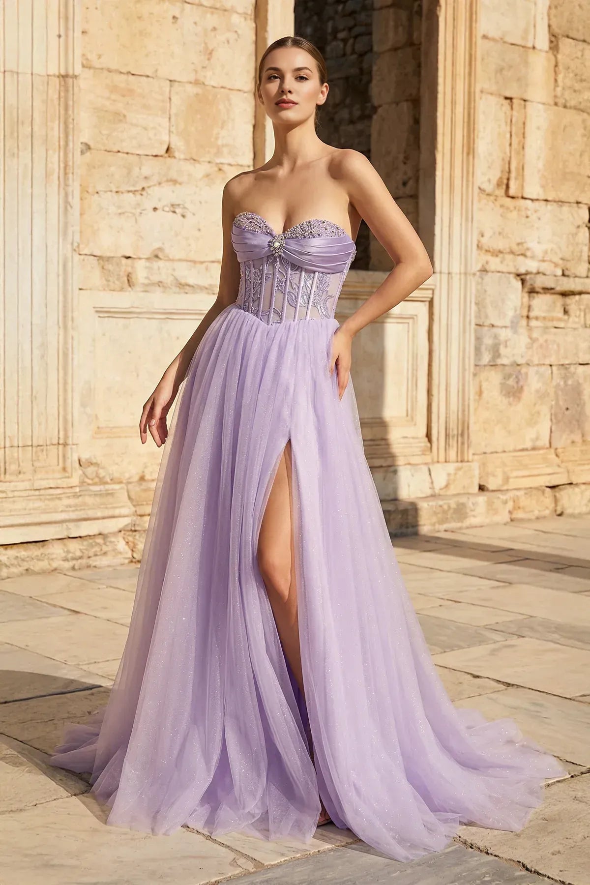Ethereal Ballgown Strapless Beaded Tulle Lavender Floor-Length Prom Dress for Women