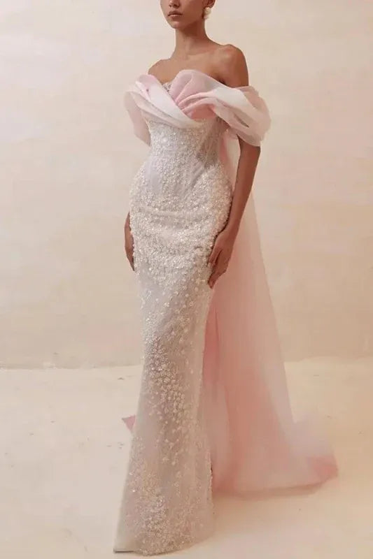 Ethereal Mermaid Off-Shoulder Sleeveless Beaded Blush Pink Maxi Prom Dress for Women Custom
