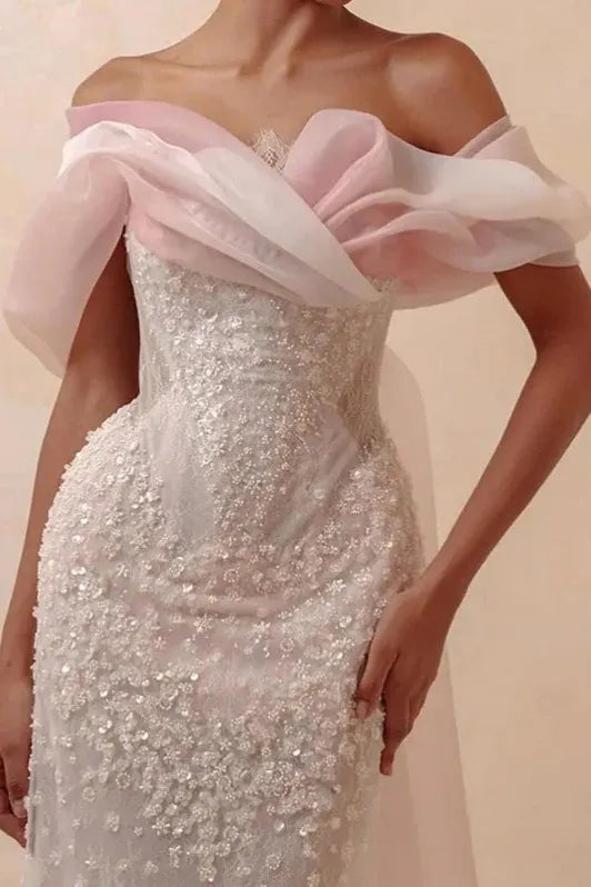 Ethereal Mermaid Off-Shoulder Sleeveless Beaded Blush Pink Maxi Prom Dress for Women Custom