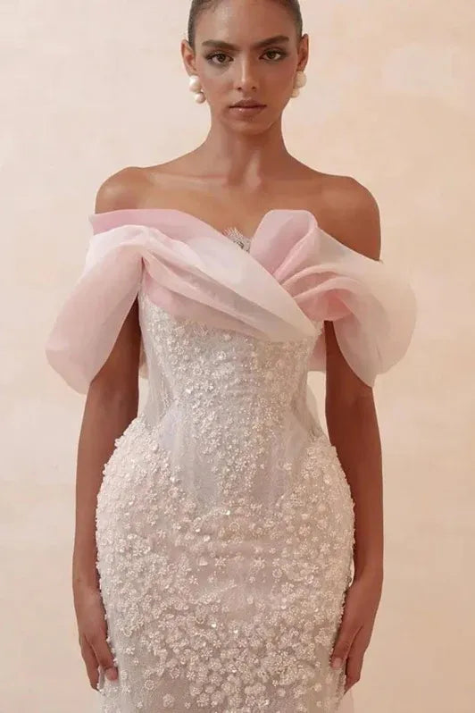 Ethereal Mermaid Off-Shoulder Sleeveless Beaded Blush Pink Maxi Prom Dress for Women Custom