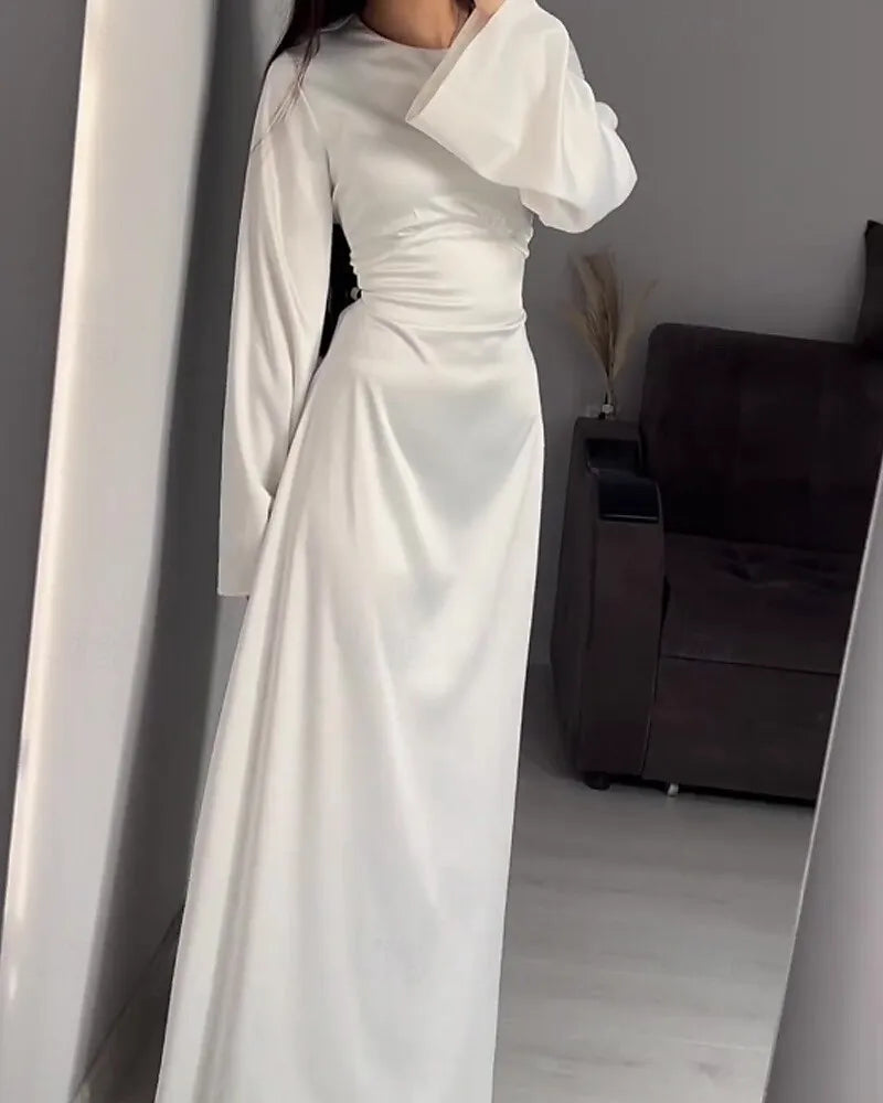 Ethereal Sheath Crew Neck Long Sleeve Ruched White Maxi Prom Dress for Women Custom