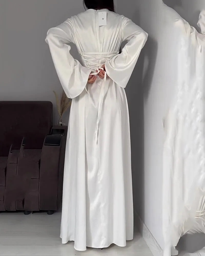 Ethereal Sheath Crew Neck Long Sleeve Ruched White Maxi Prom Dress for Women Custom