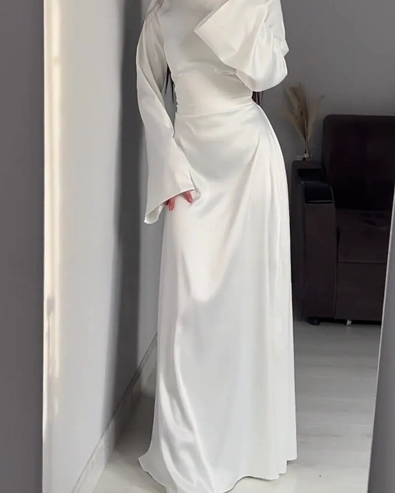 Ethereal Sheath Crew Neck Long Sleeve Ruched White Maxi Prom Dress for Women Custom