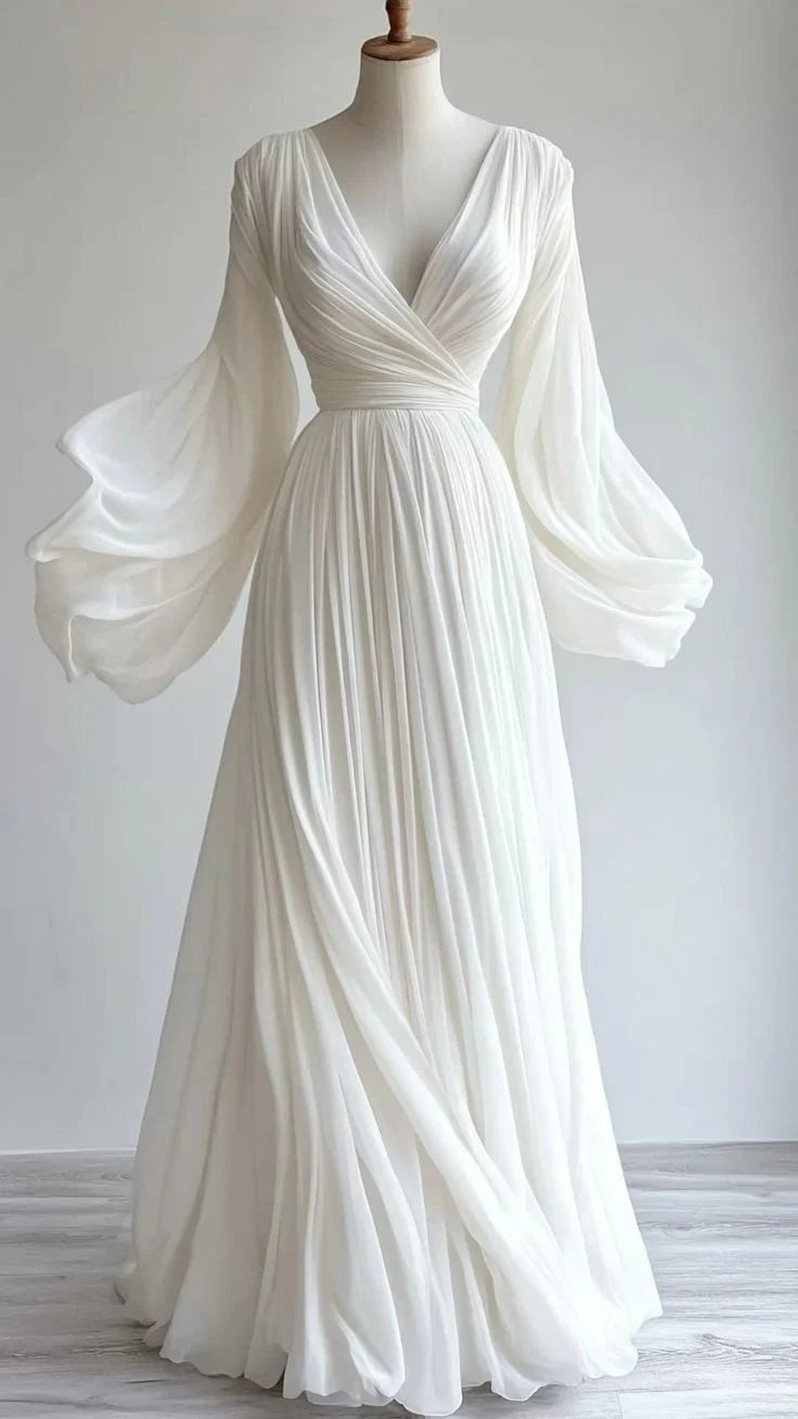 Ethereal A-Line V-Neck Long Sleeve Pleated Chiffon White Floor-Length Evening Dress