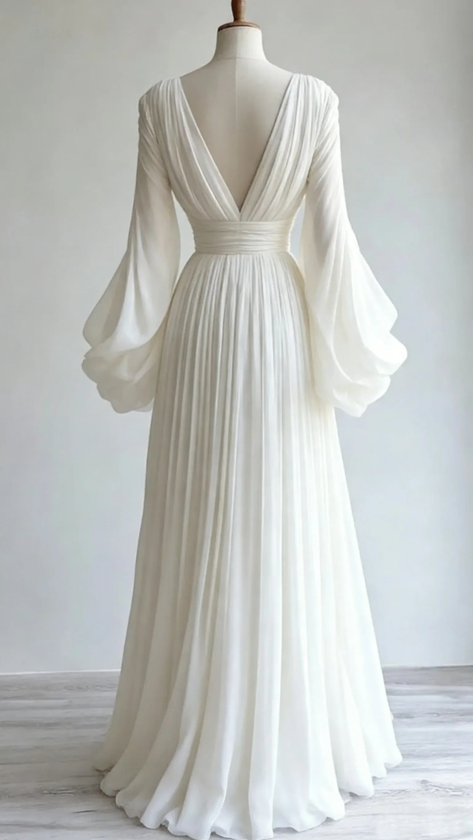 Ethereal A-Line V-Neck Long Sleeve Pleated Chiffon White Floor-Length Evening Dress