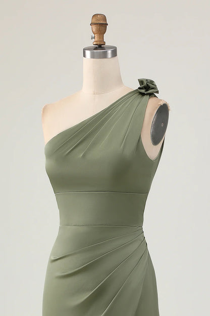 Eucalyptus One Shoulder Pleated Mermaid Slit Long Bridesmaid Dress Eucalyptus Party Dress