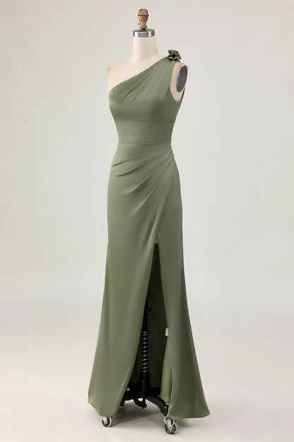Eucalyptus One Shoulder Pleated Mermaid Slit Long Bridesmaid Dress Eucalyptus Party Dress