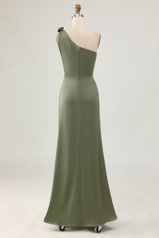 Eucalyptus One Shoulder Pleated Mermaid Slit Long Bridesmaid Dress Eucalyptus Party Dress