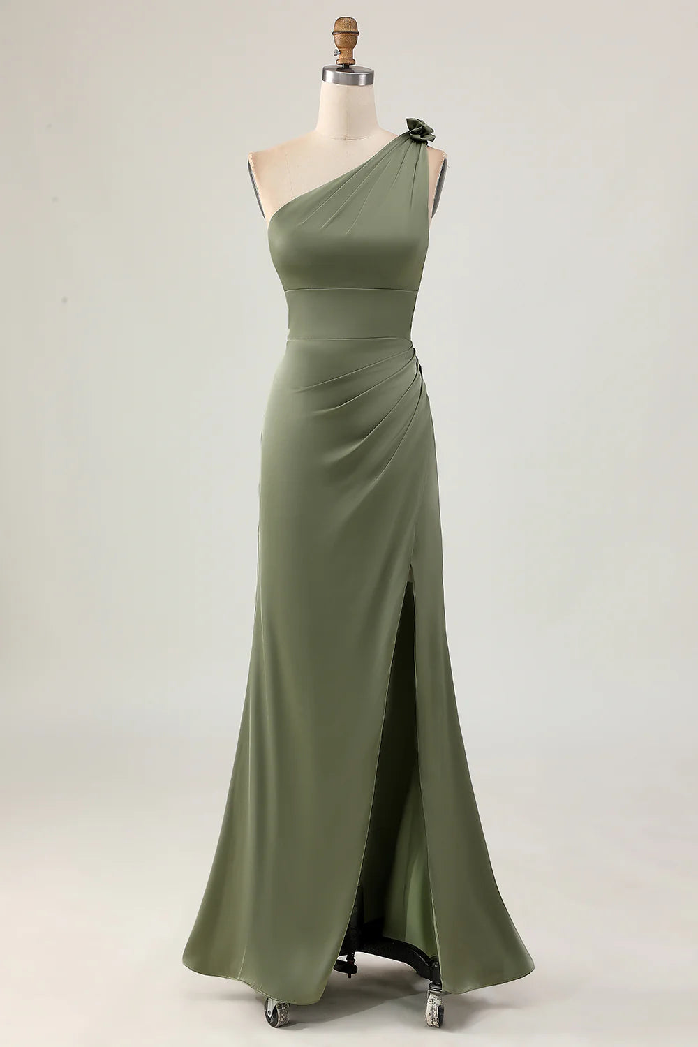 Eucalyptus One Shoulder Pleated Mermaid Slit Long Bridesmaid Dress Eucalyptus Party Dress