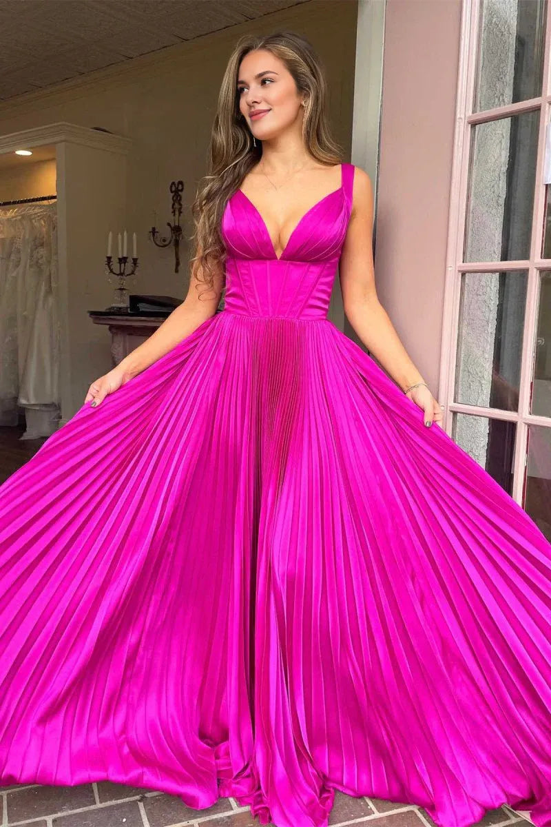 Evening A-Line V-Neck Corset Pleated Fuchsia Floor Length Prom Dress