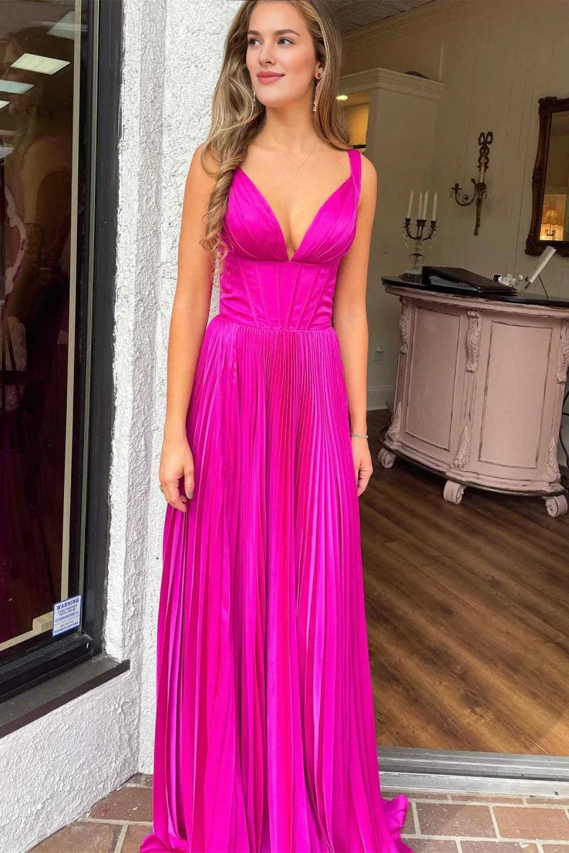 Evening A-Line V-Neck Corset Pleated Fuchsia Floor Length Prom Dress