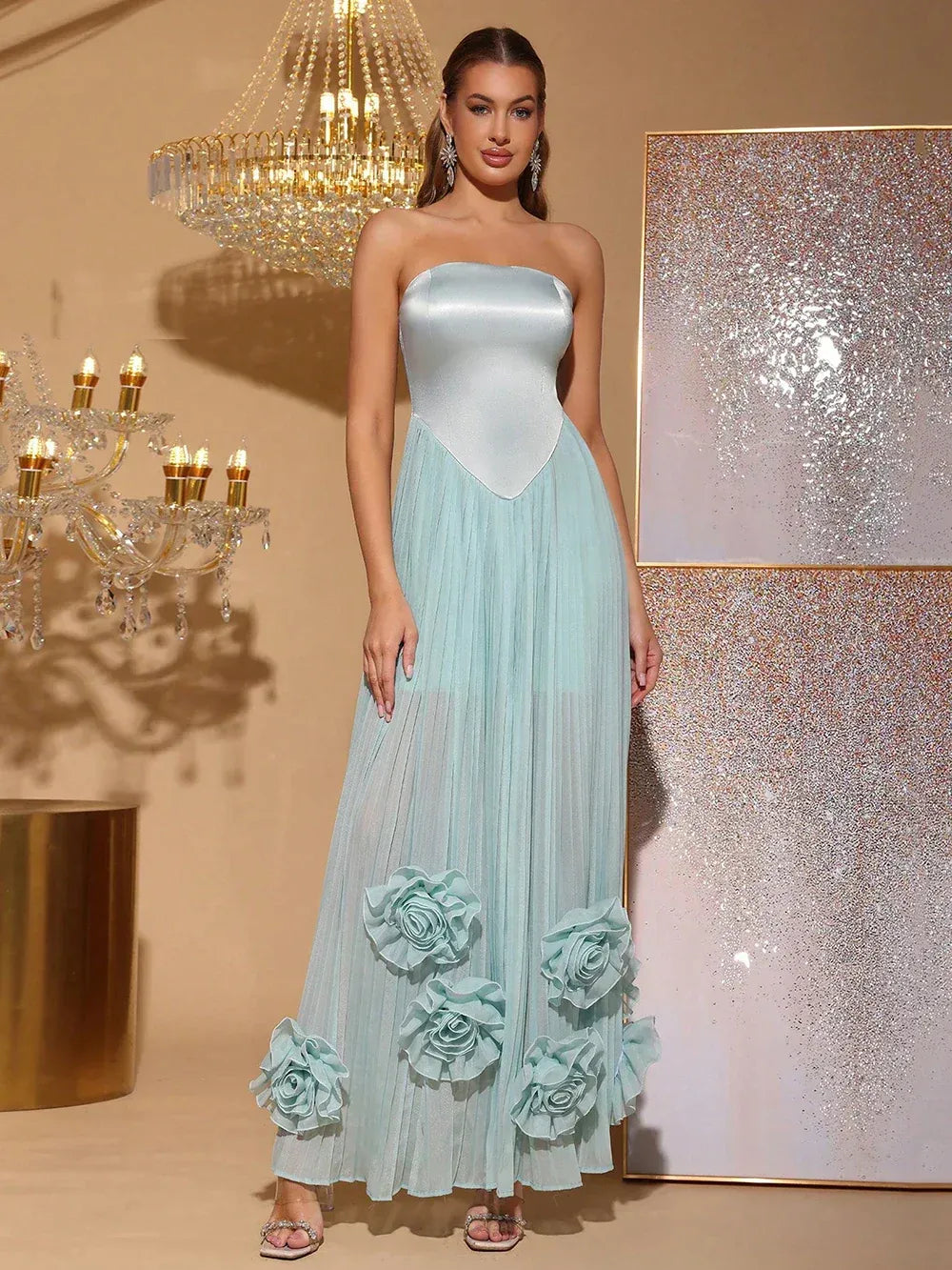 Exquisite Tailoring A-Line Strapless 3D Flower Pink Long Prom Dress For Sale