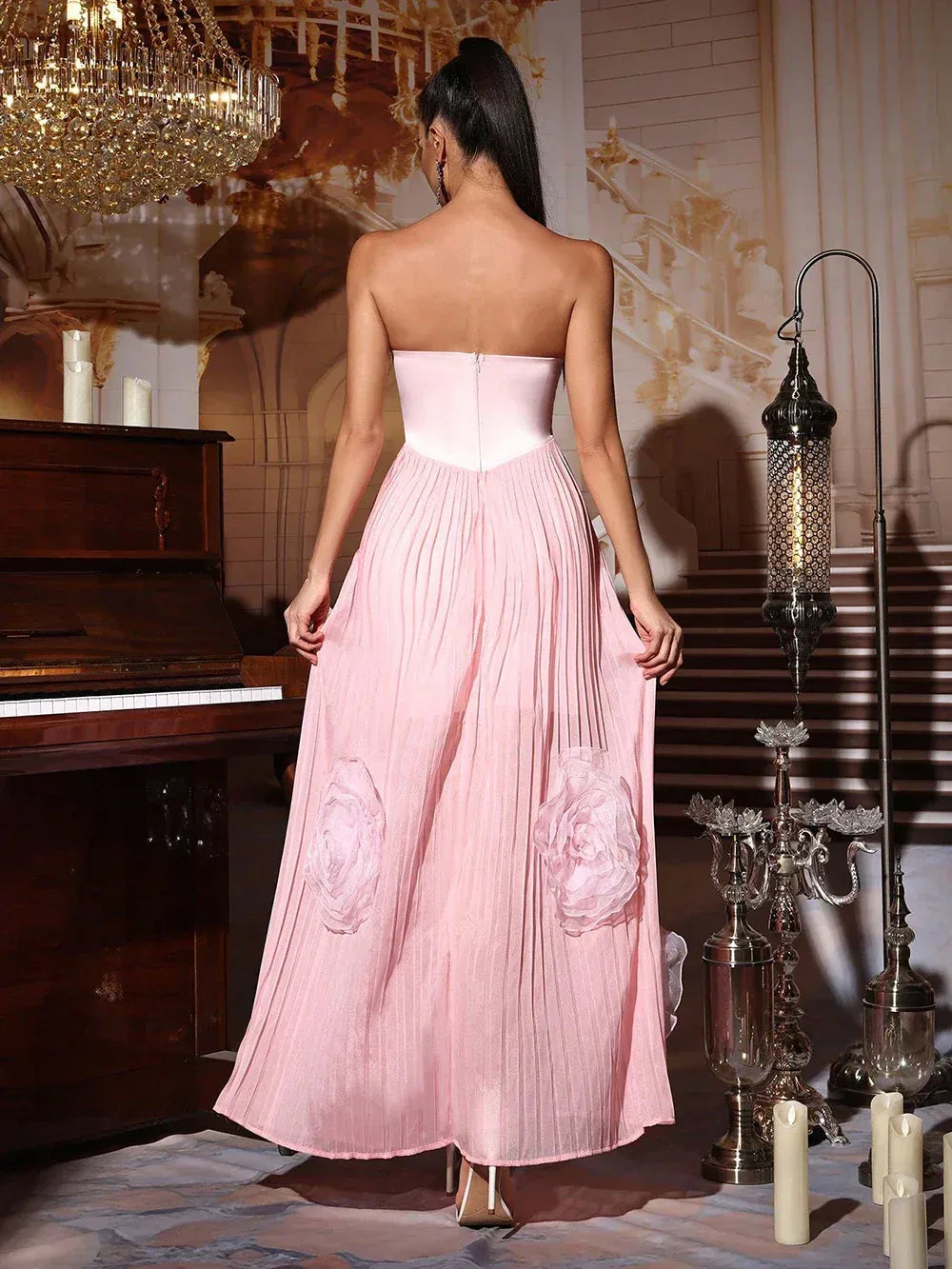 Exquisite Tailoring A-Line Strapless 3D Flower Pink Long Prom Dress For Sale