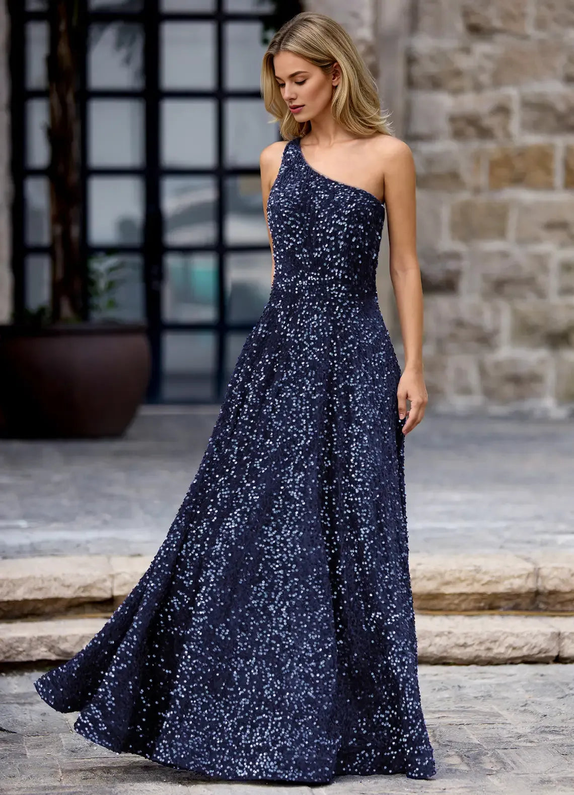 Exquisite Tailoring A-line One-Shoulder Sequins Velvet Navy Maxi Prom Dress