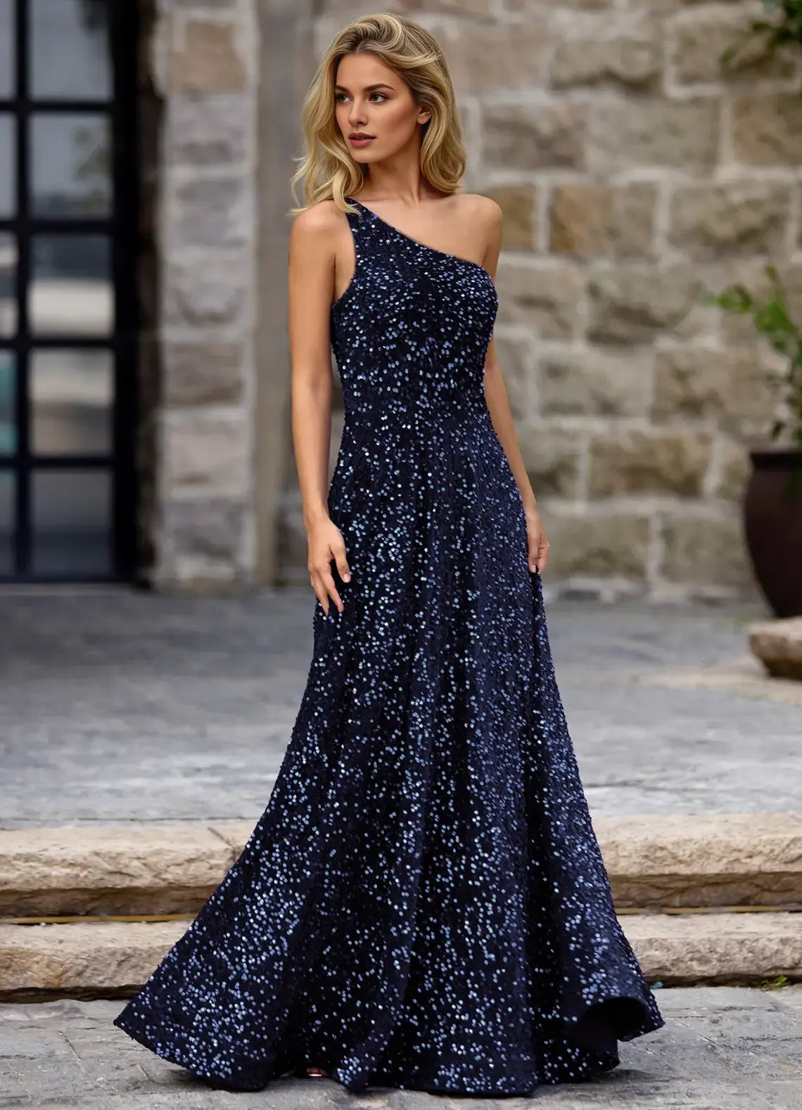Exquisite Tailoring A-line One-Shoulder Sequins Velvet Navy Maxi Prom Dress