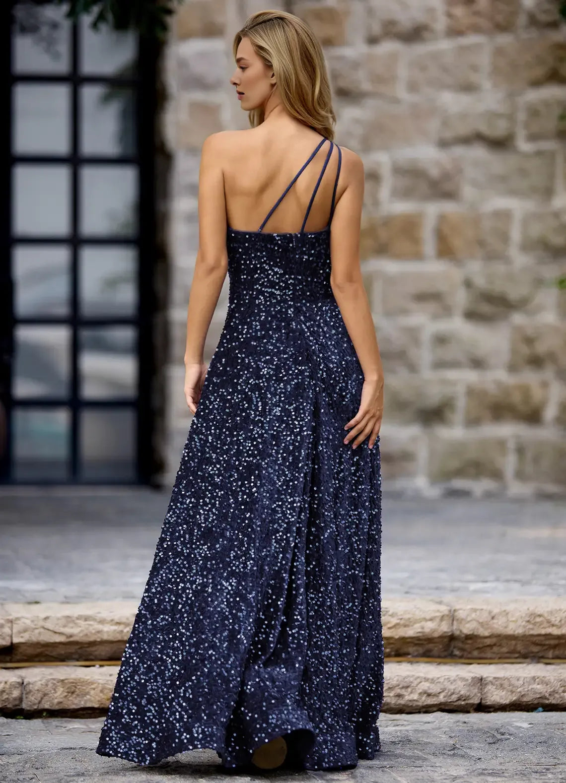 Exquisite Tailoring A-line One-Shoulder Sequins Velvet Navy Maxi Prom Dress