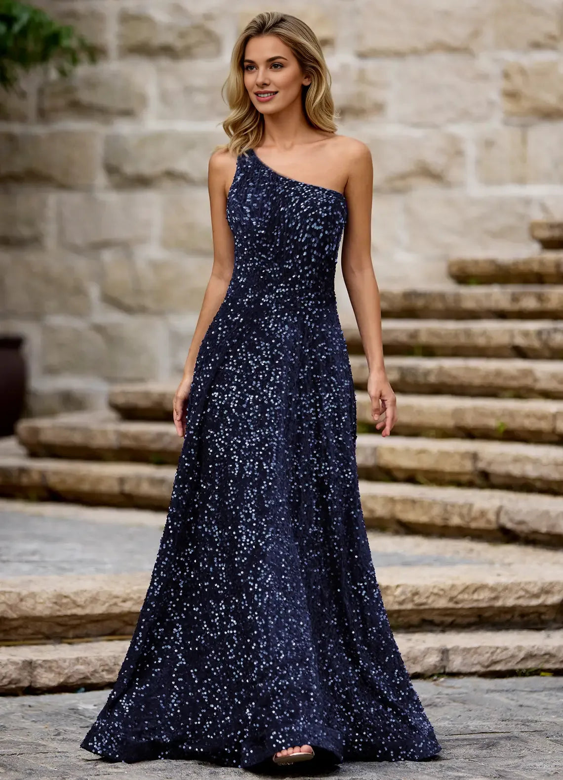 Exquisite Tailoring A-line One-Shoulder Sequins Velvet Navy Maxi Prom Dress