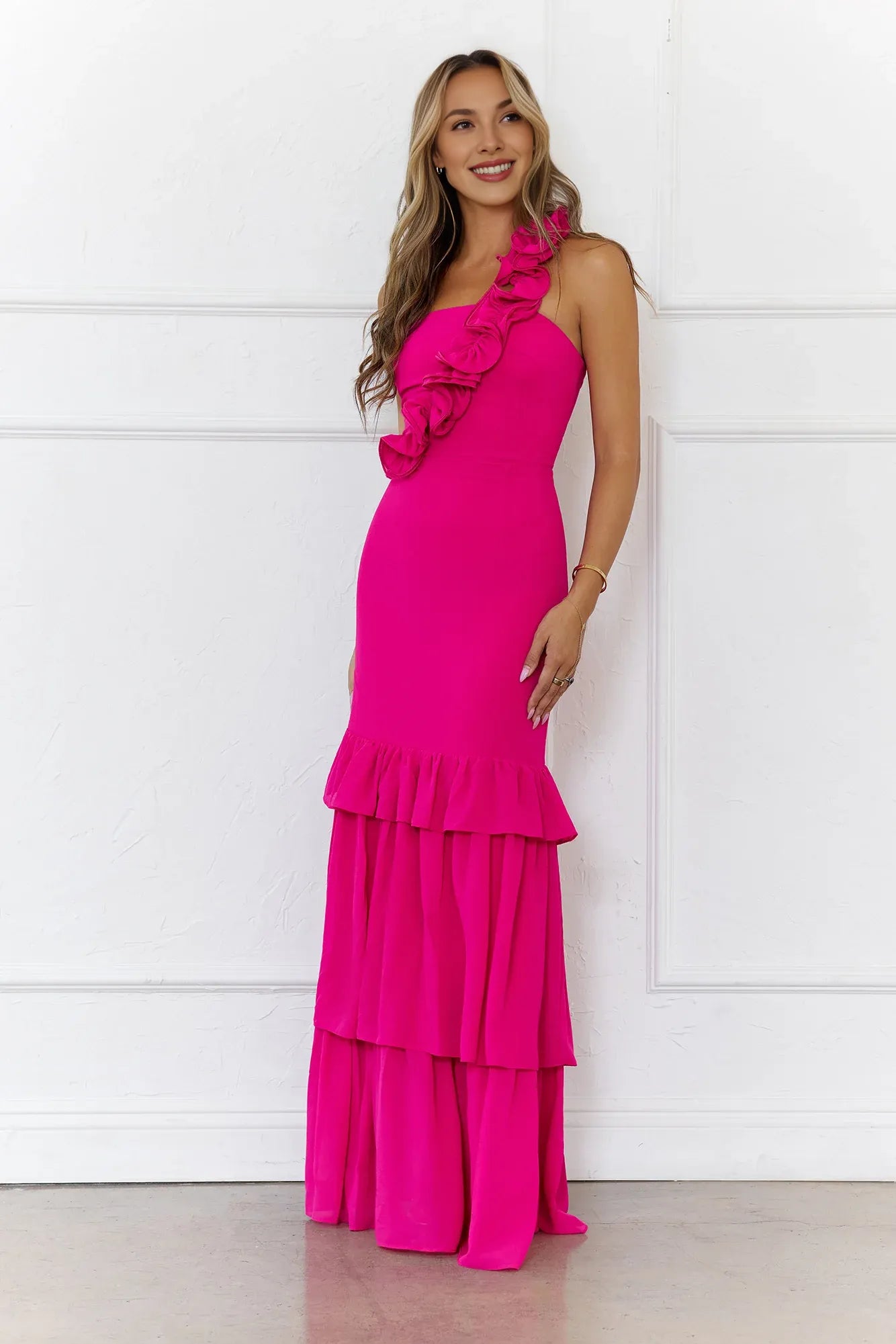 Exquisite Tailoring Charming Mermaid One Shoulder Tiered Ruffle Hot Pink Maxi Prom Dress