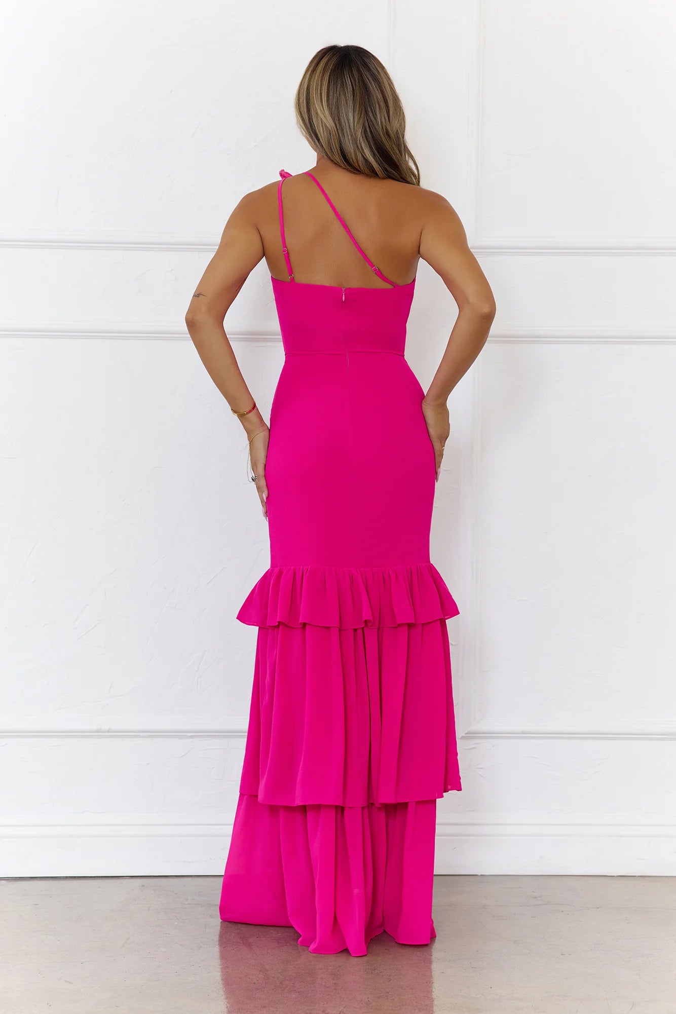 Exquisite Tailoring Charming Mermaid One Shoulder Tiered Ruffle Hot Pink Maxi Prom Dress