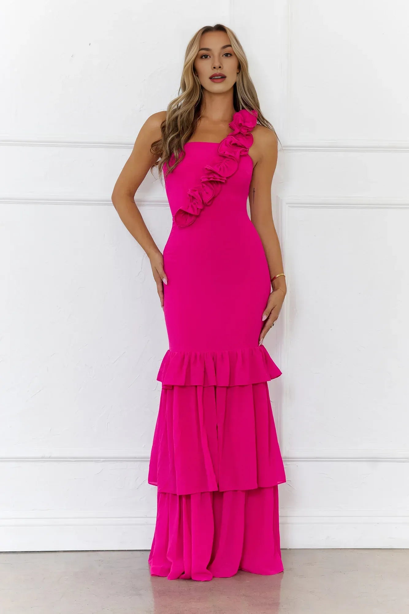 Exquisite Tailoring Charming Mermaid One Shoulder Tiered Ruffle Hot Pink Maxi Prom Dress