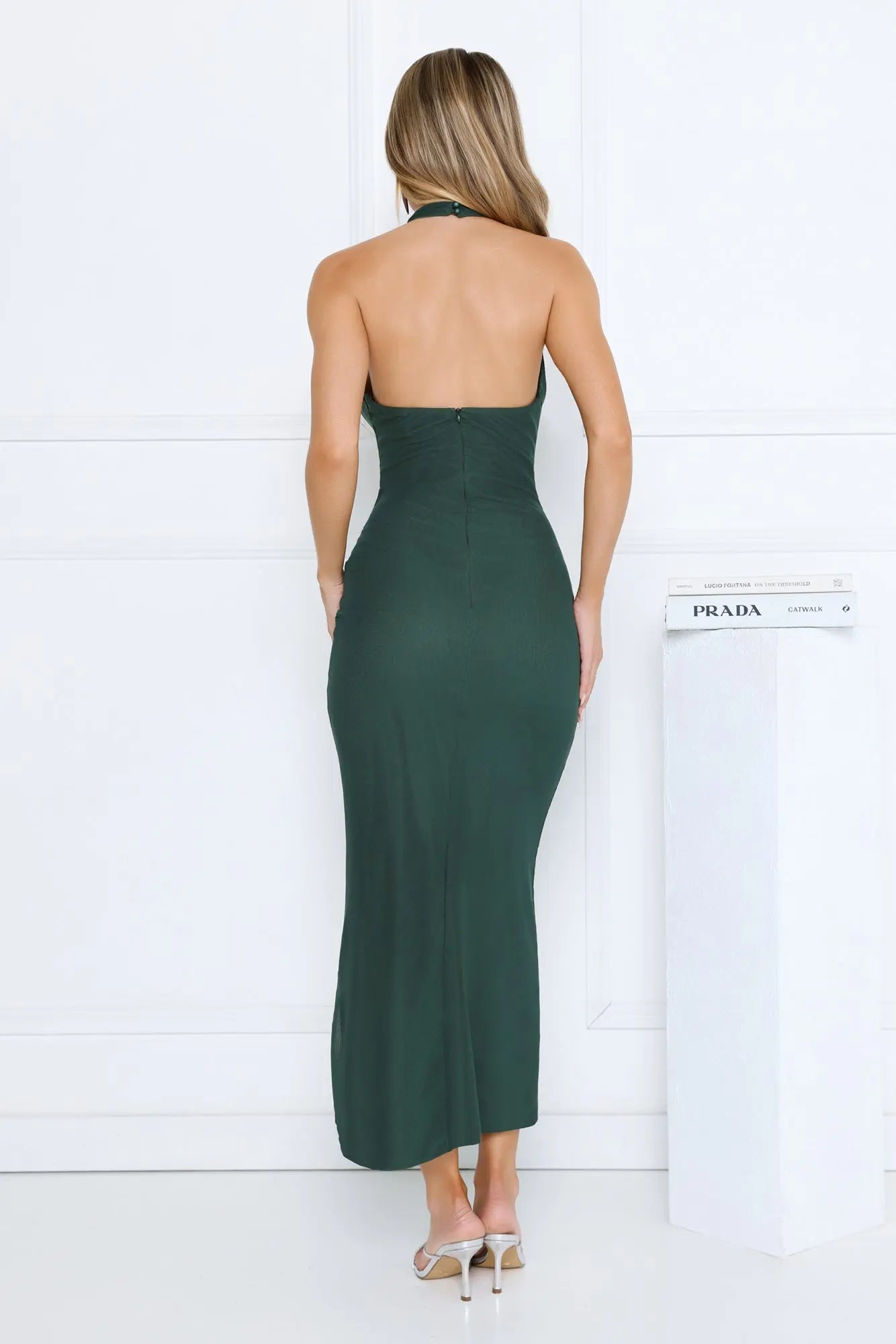 Exquisite Tailoring Mermaid Halter Cowl Neck Backless Mesh Teal Maxi Evening Dress