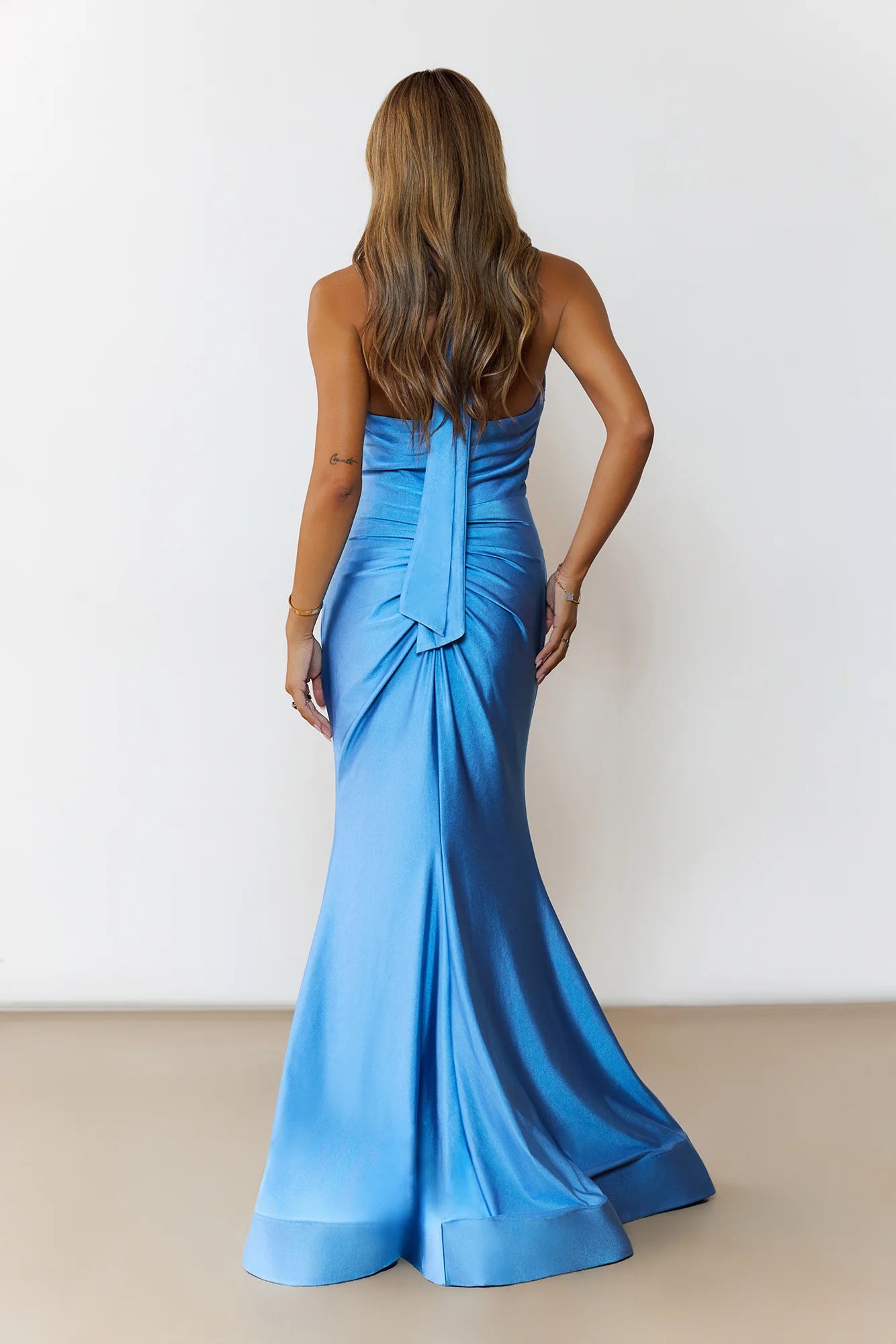 Exquisite Tailoring Halter Mermaid Pleated Satin Blue Maxi Prom Dress With Slit