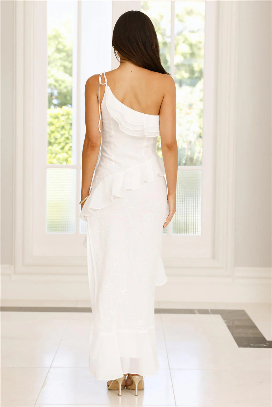 Exquisite Tailoring One Shoulder Ruffle White Midi Prom Dress With Asymmetric Hem