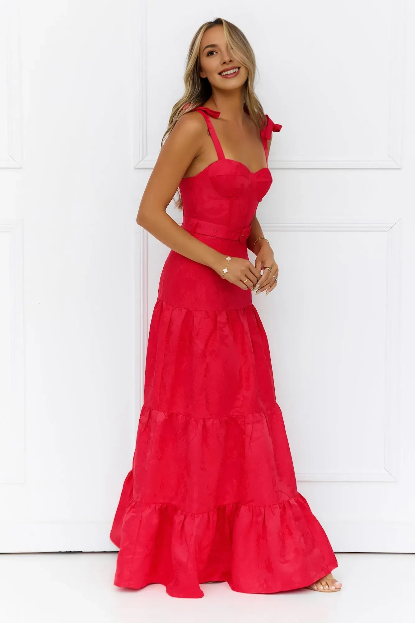 Exquisite Tailoring Tie Strap Floral Print Red Maxi Prom Dress With Belt Custom