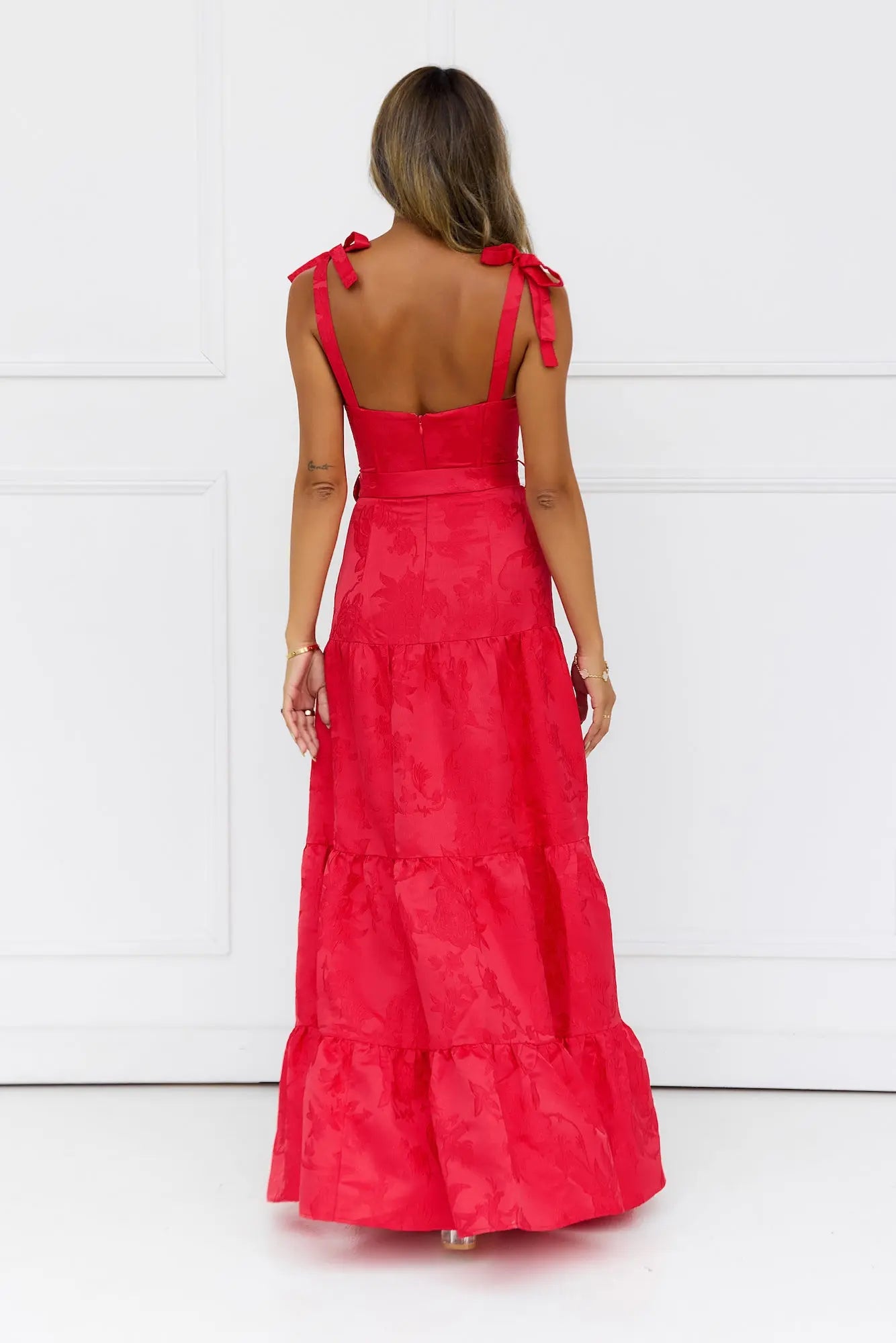 Exquisite Tailoring Tie Strap Floral Print Red Maxi Prom Dress With Belt Custom