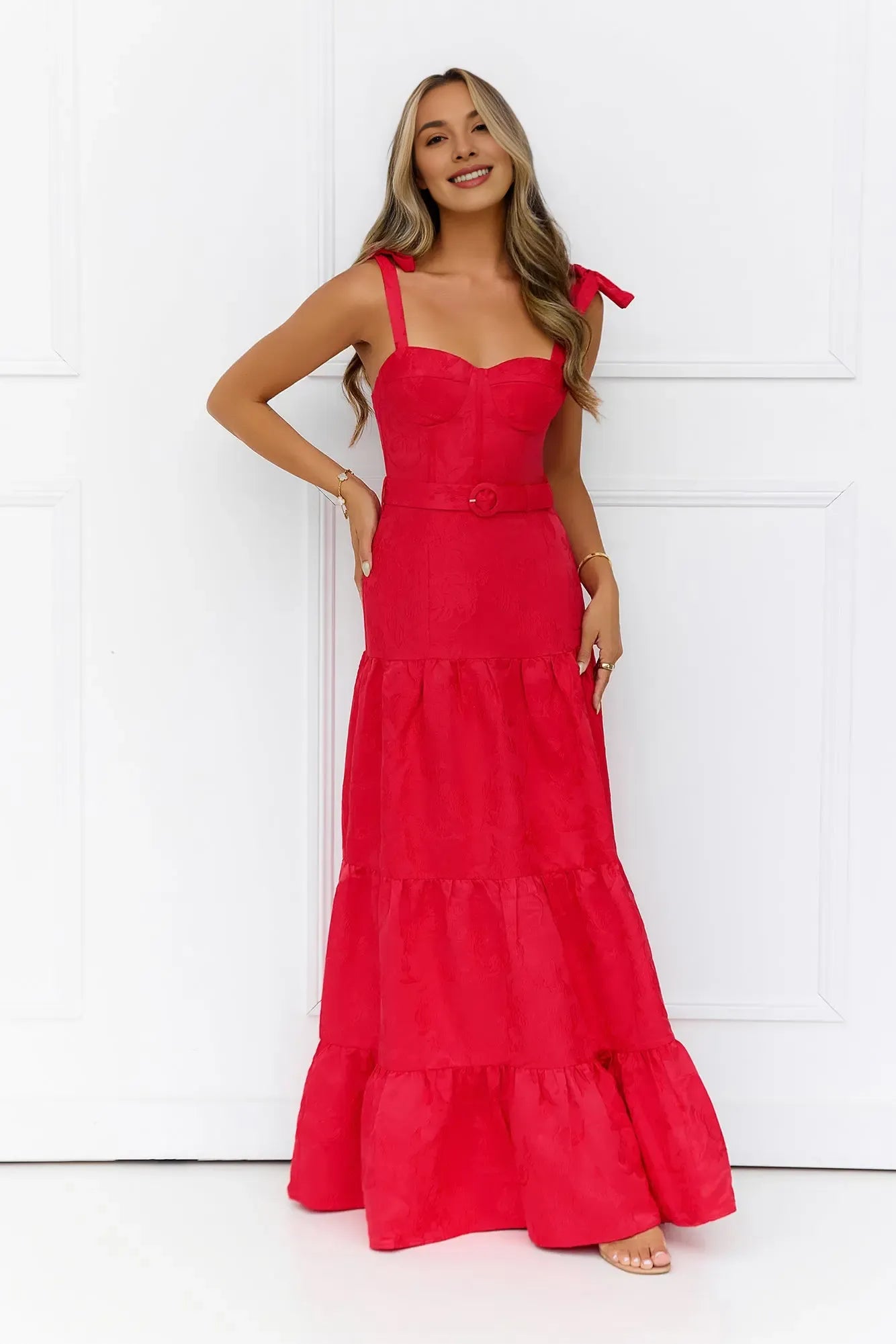 Exquisite Tailoring Tie Strap Floral Print Red Maxi Prom Dress With Belt Custom
