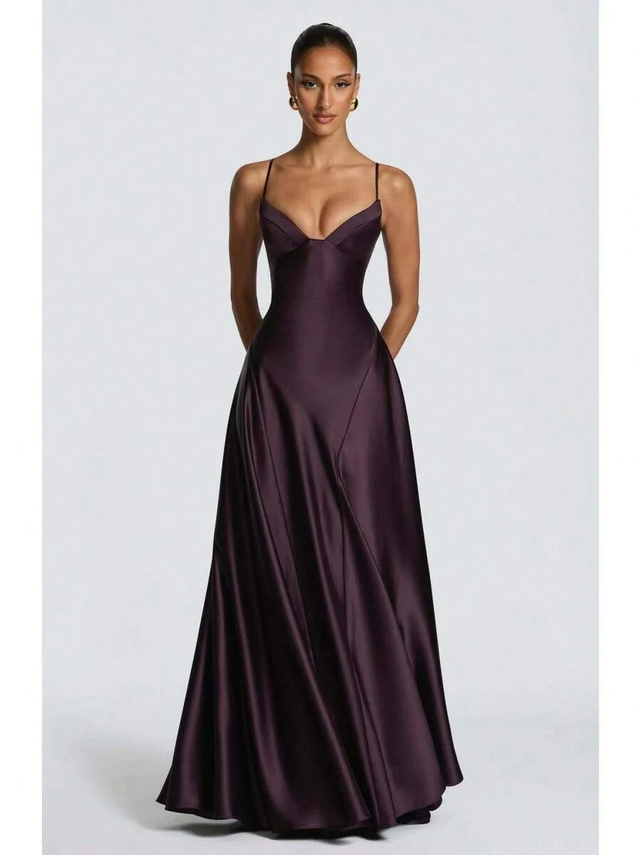Exquisite Tailoring Elegant A-Line V Neck Satin Plum Floor-Length Prom Dress