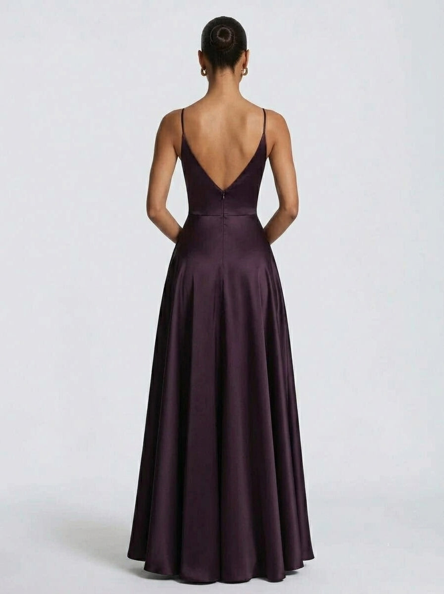 Exquisite Tailoring Elegant A-Line V Neck Satin Plum Floor-Length Prom Dress