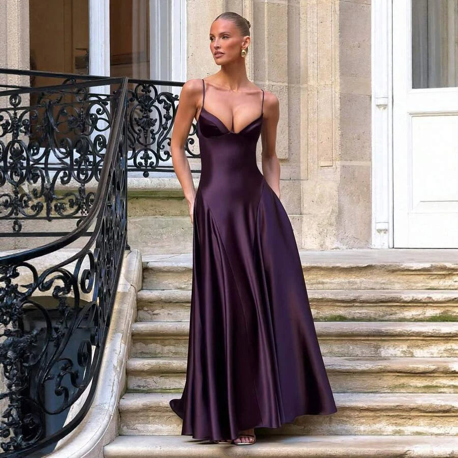 Exquisite Tailoring Elegant A-Line V Neck Satin Plum Floor-Length Prom Dress