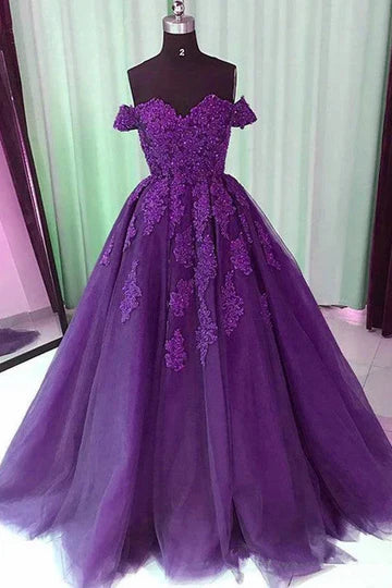 Off-Shoulder A-Line Purple Sweetheart Lace Appliques Prom Ball Gown