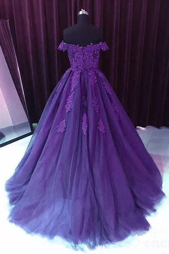 Off-Shoulder A-Line Purple Sweetheart Lace Appliques Prom Ball Gown