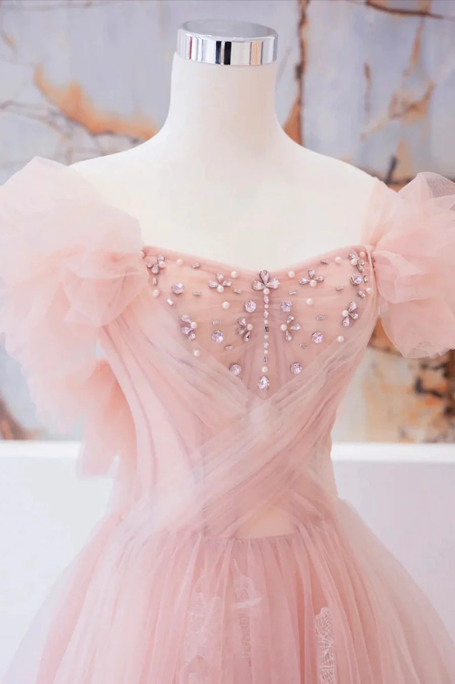 Fairy A-Line Bodycon Beaded Tulle Pink Long Prom Dress With Rhinestones