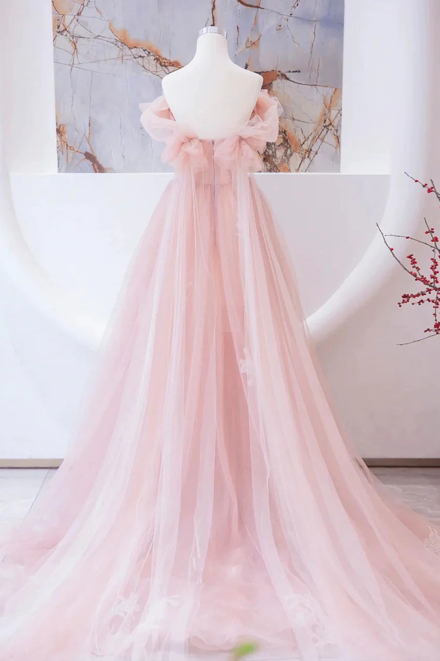 Fairy A-Line Bodycon Beaded Tulle Pink Long Prom Dress With Rhinestones