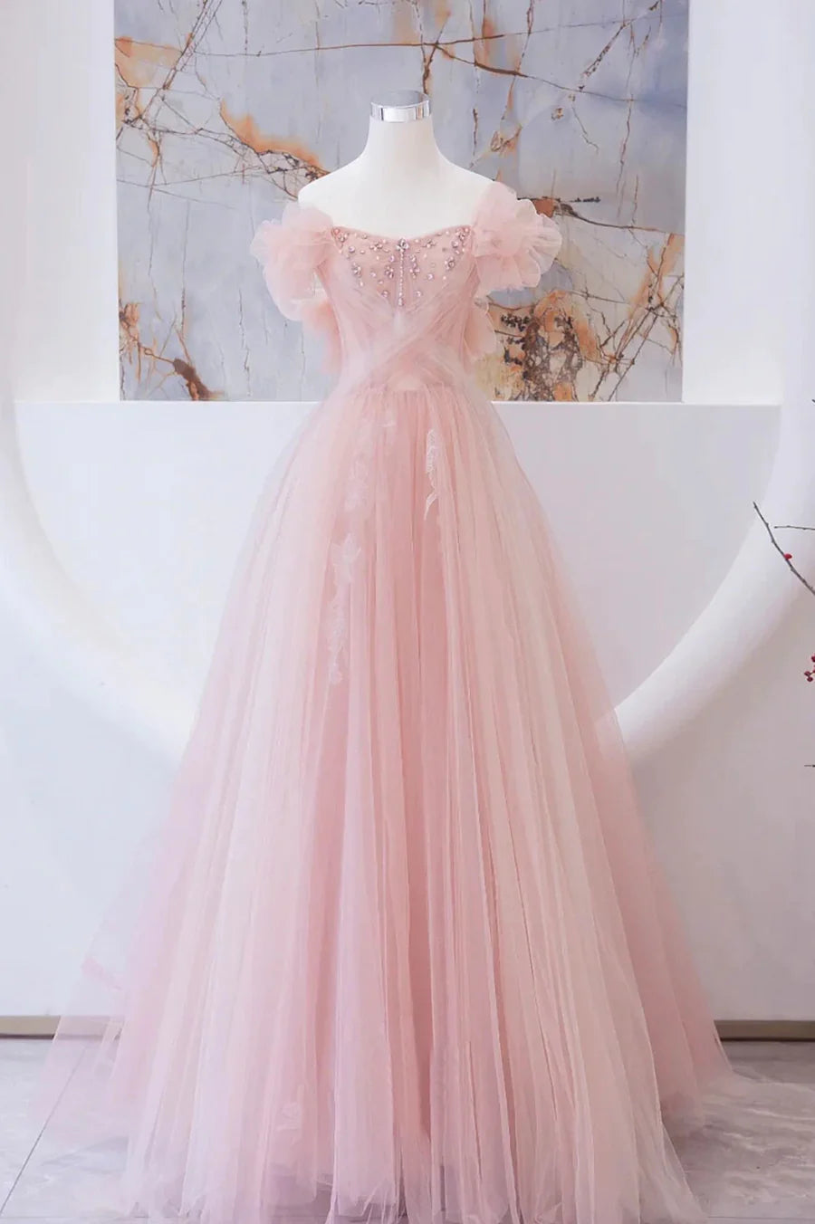 Fairy A-Line Bodycon Beaded Tulle Pink Long Prom Dress With Rhinestones