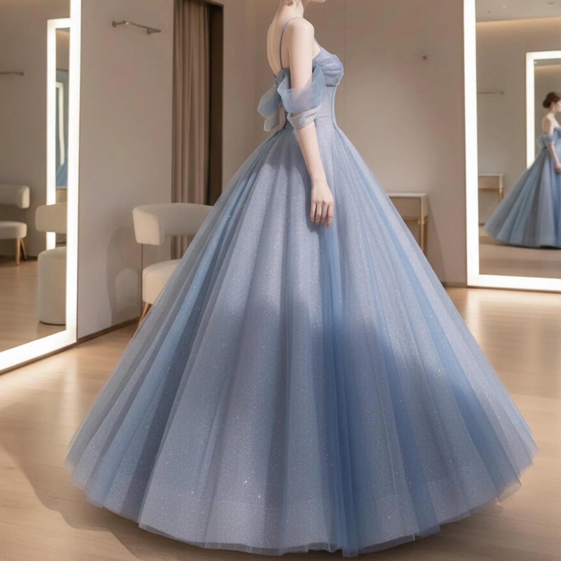 Fairy A-Line Off-Shoulder Beaded Glitter Tulle Light Blue Floor Length Prom Dress