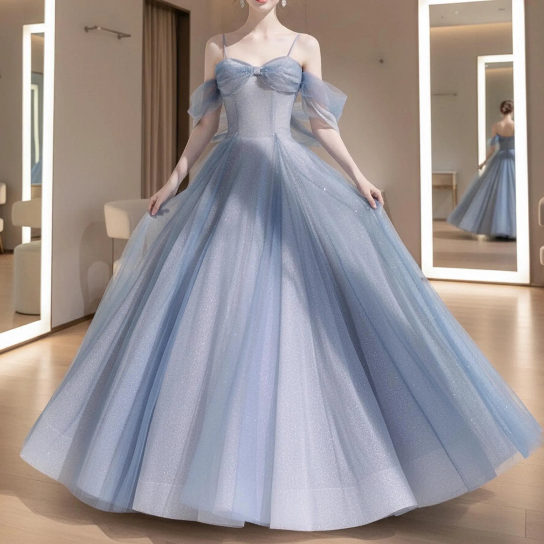 Fairy A-Line Off-Shoulder Beaded Glitter Tulle Light Blue Floor Length Prom Dress