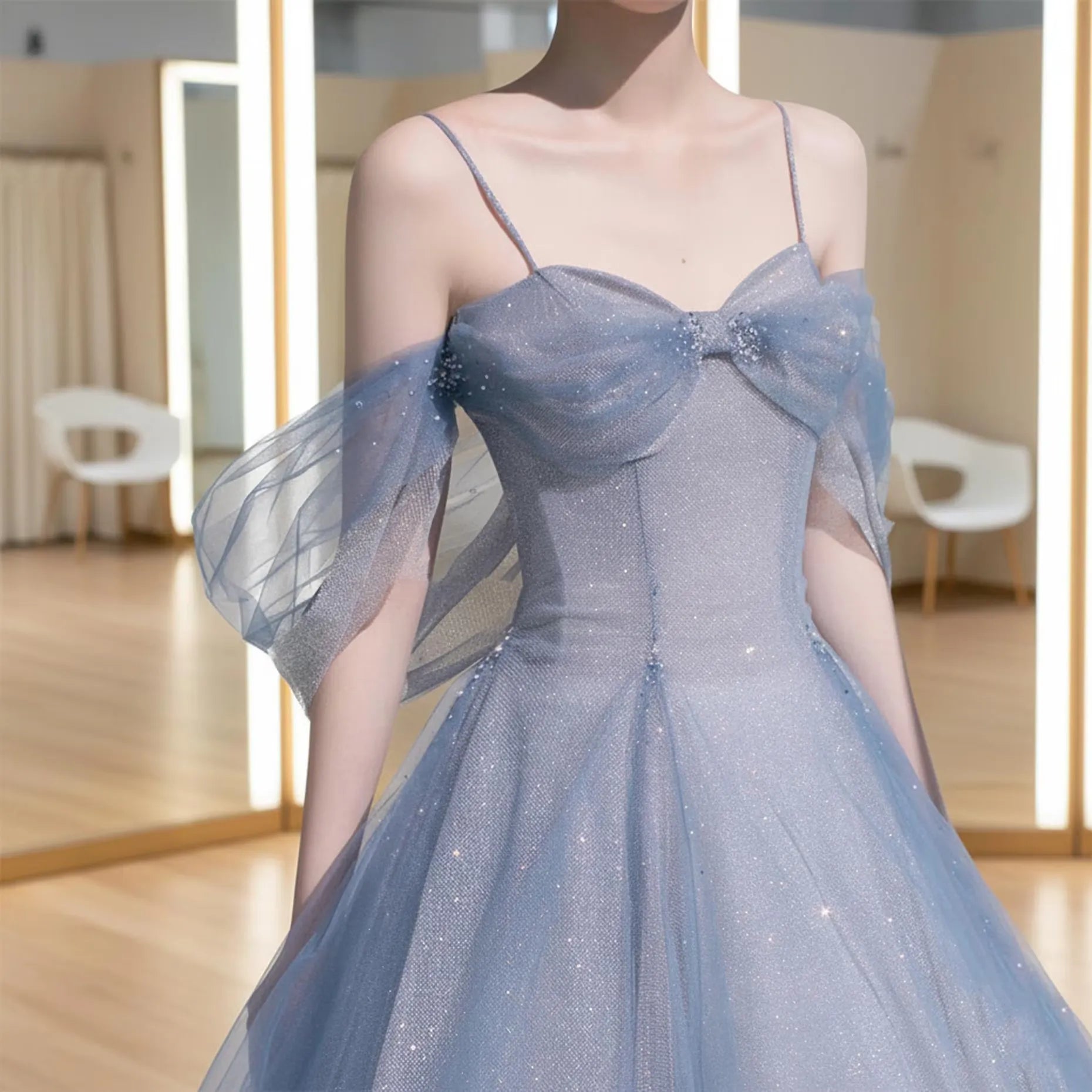 Fairy A-Line Off-Shoulder Beaded Glitter Tulle Light Blue Floor Length Prom Dress