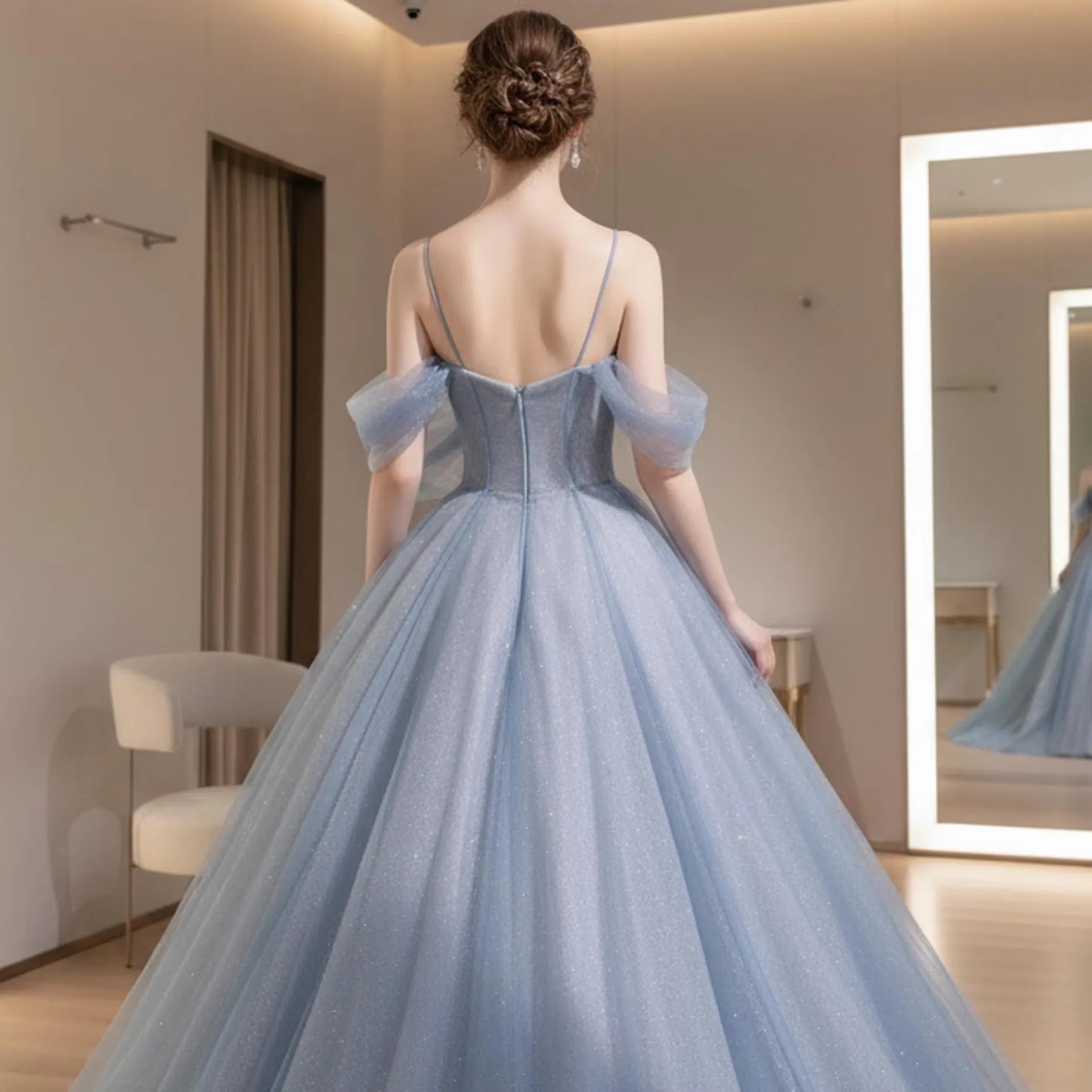 Fairy A-Line Off-Shoulder Beaded Glitter Tulle Light Blue Floor Length Prom Dress